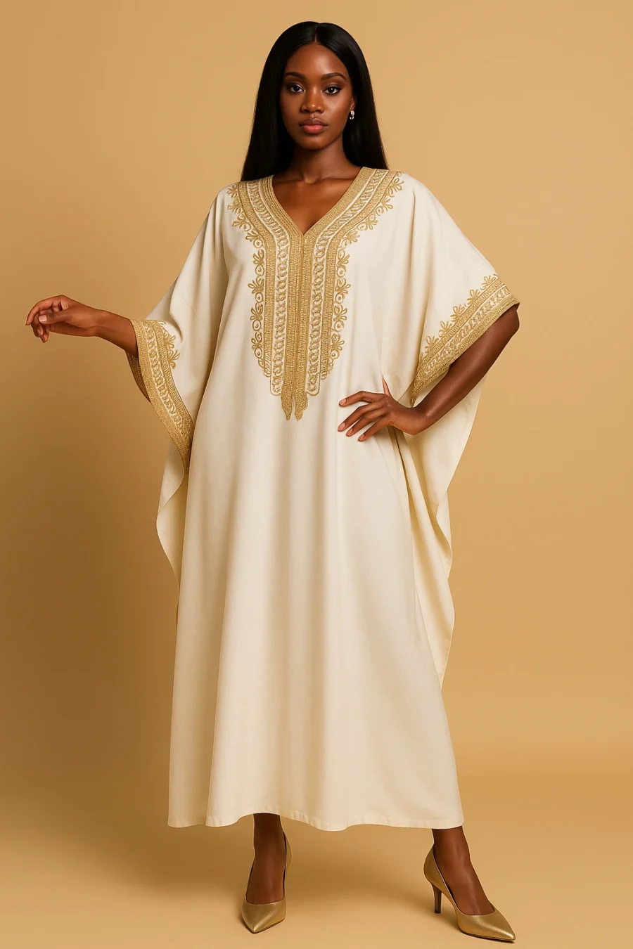 Femme africaine chic en caftan marocain blanc nacré orné de broderies dorées raffinées, coupe fluide et décontractée avec talons dorés.