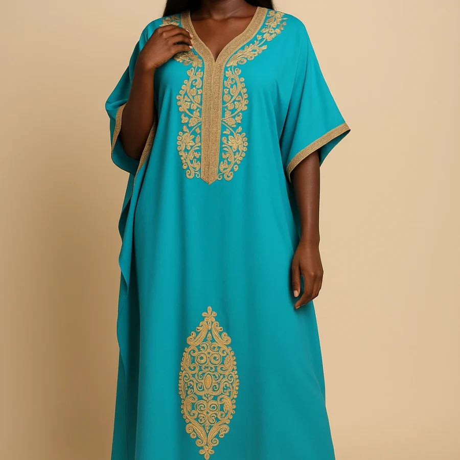 Caftan turquoise marocain moderne pour femme africaine – broderie dorée fait main, caftan ample à manches papillon, idéal pour fêtes et mariages