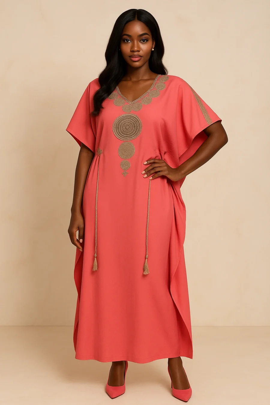 Caftan rose doux brodé or – tenue raffinée d’inspiration marocaine pour femme africaine
