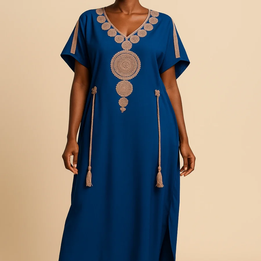 Caftan bleu royal brodé or – caftan marocain lumineux pour femme africaine sophistiquée