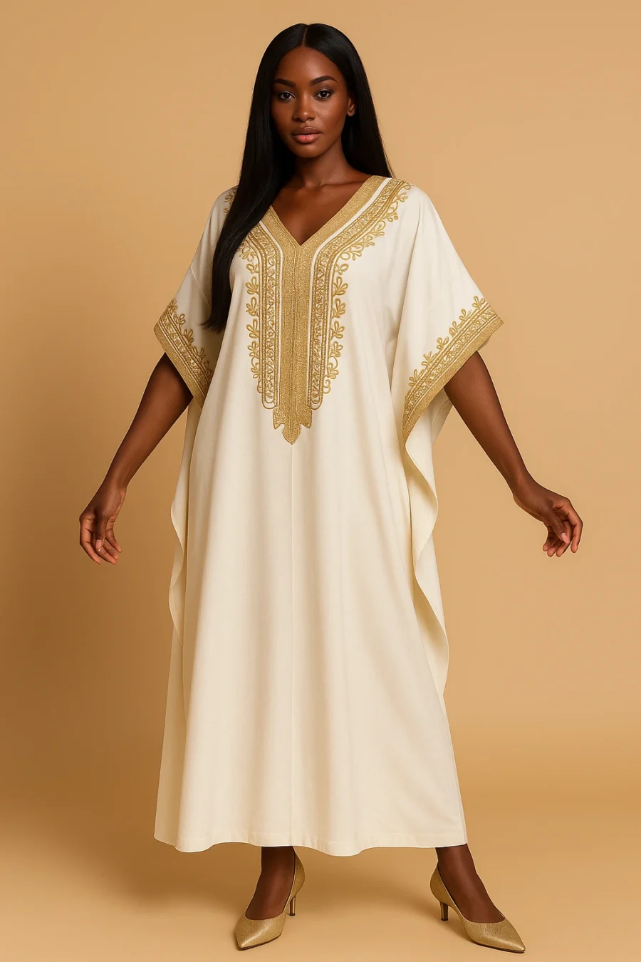 Femme africaine chic en caftan marocain blanc nacré orné de broderies dorées raffinées, coupe fluide et décontractée avec talons dorés.
