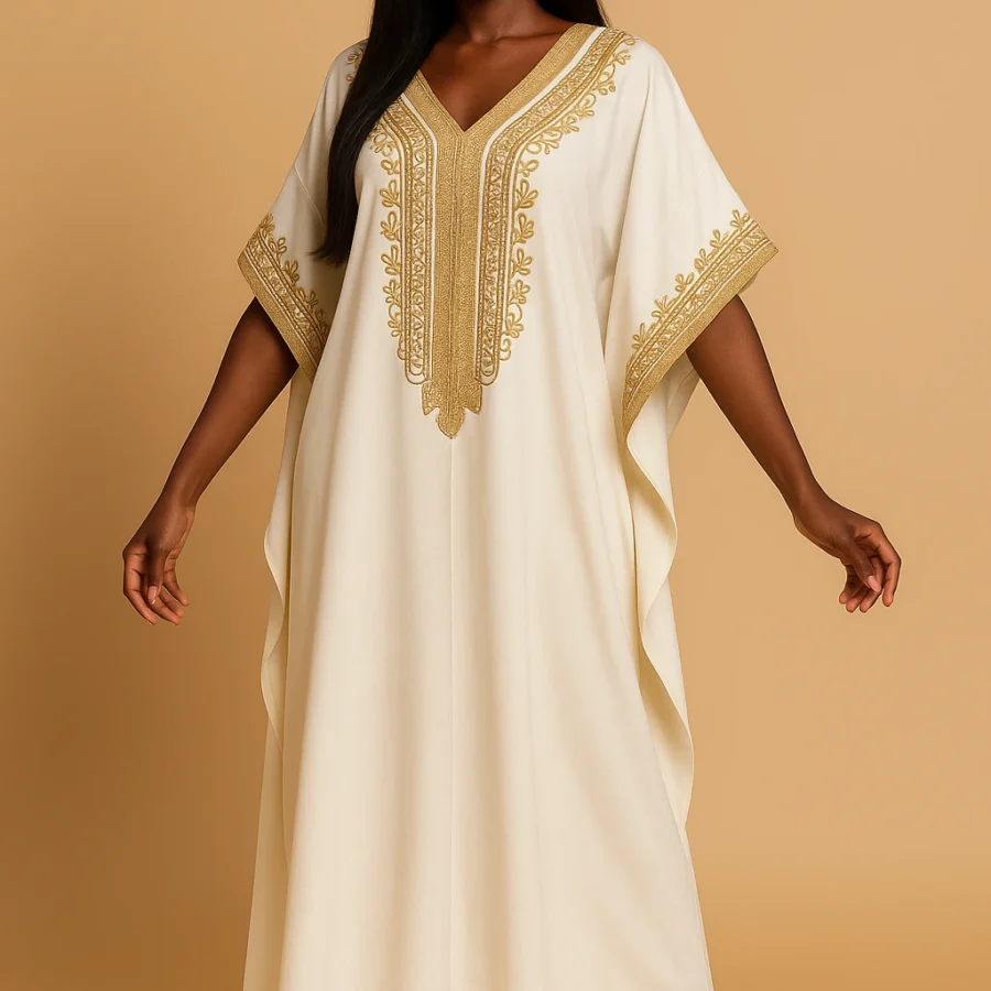 Femme africaine chic en caftan marocain blanc nacré orné de broderies dorées raffinées, coupe fluide et décontractée avec talons dorés.