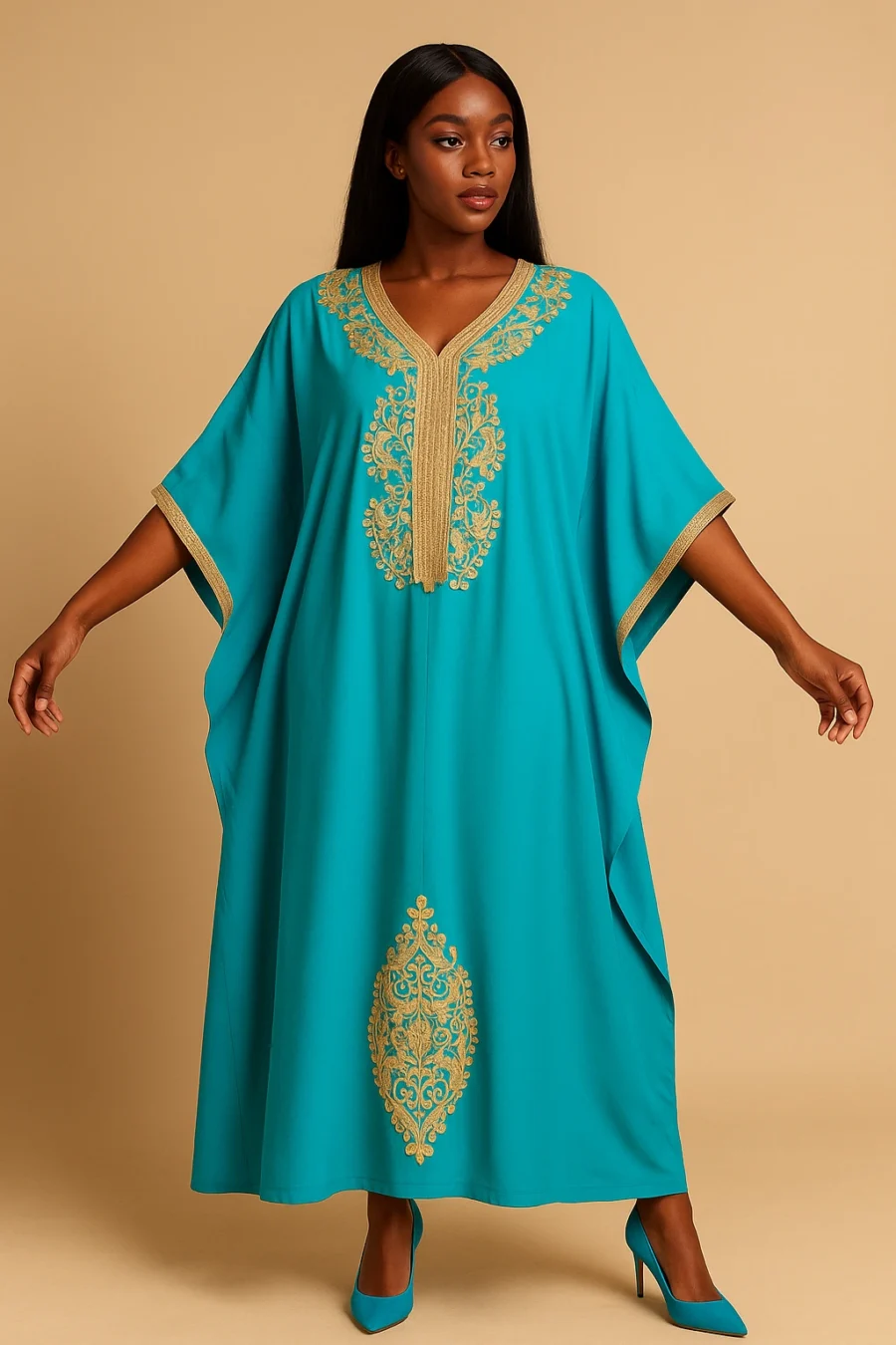 Caftan turquoise marocain moderne pour femme africaine – broderie dorée fait main, caftan ample à manches papillon, idéal pour fêtes et mariages