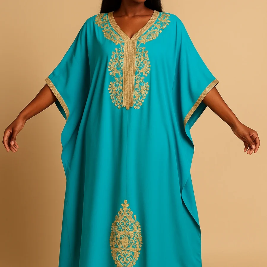 Caftan turquoise marocain moderne pour femme africaine – broderie dorée fait main, caftan ample à manches papillon, idéal pour fêtes et mariages