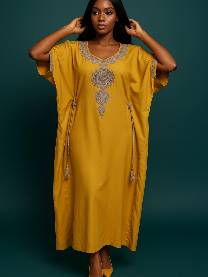 Caftan jaune lumineux brodé à la main – robe ample et festive pour femme africaine stylée