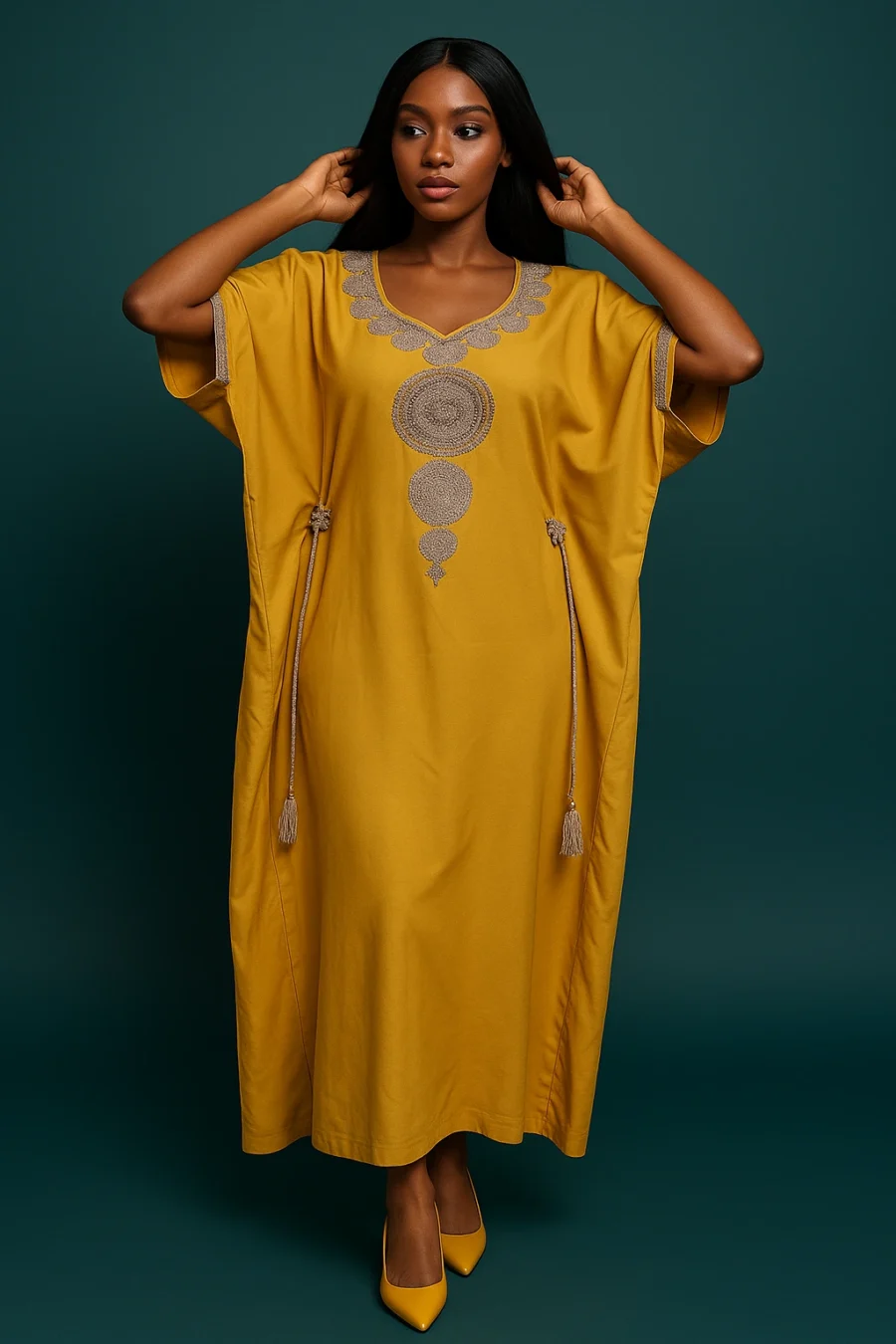 Caftan jaune lumineux brodé à la main – robe ample et festive pour femme africaine stylée