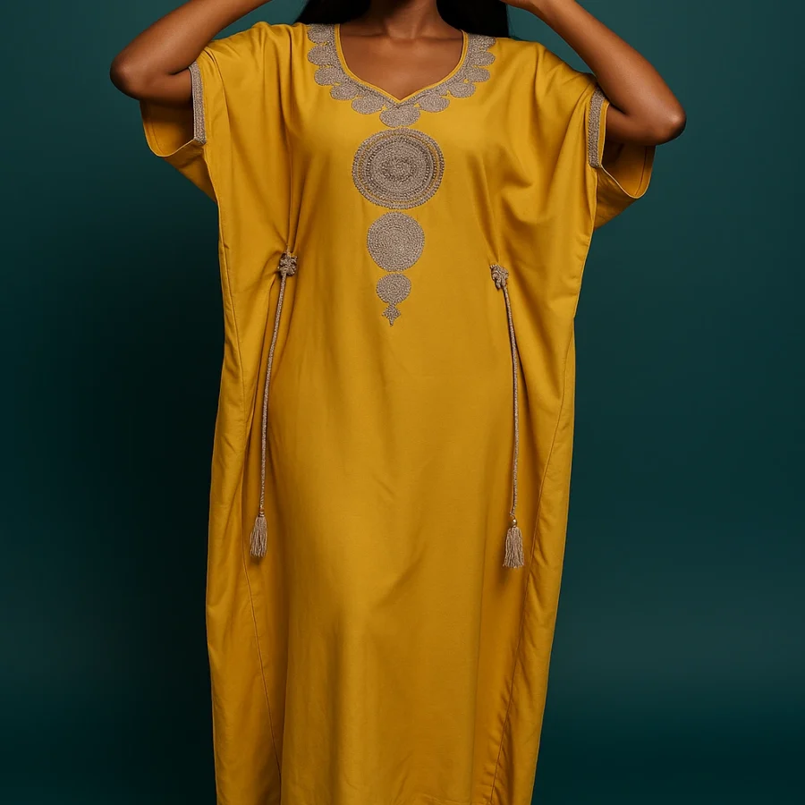 Caftan jaune lumineux brodé à la main – robe ample et festive pour femme africaine stylée