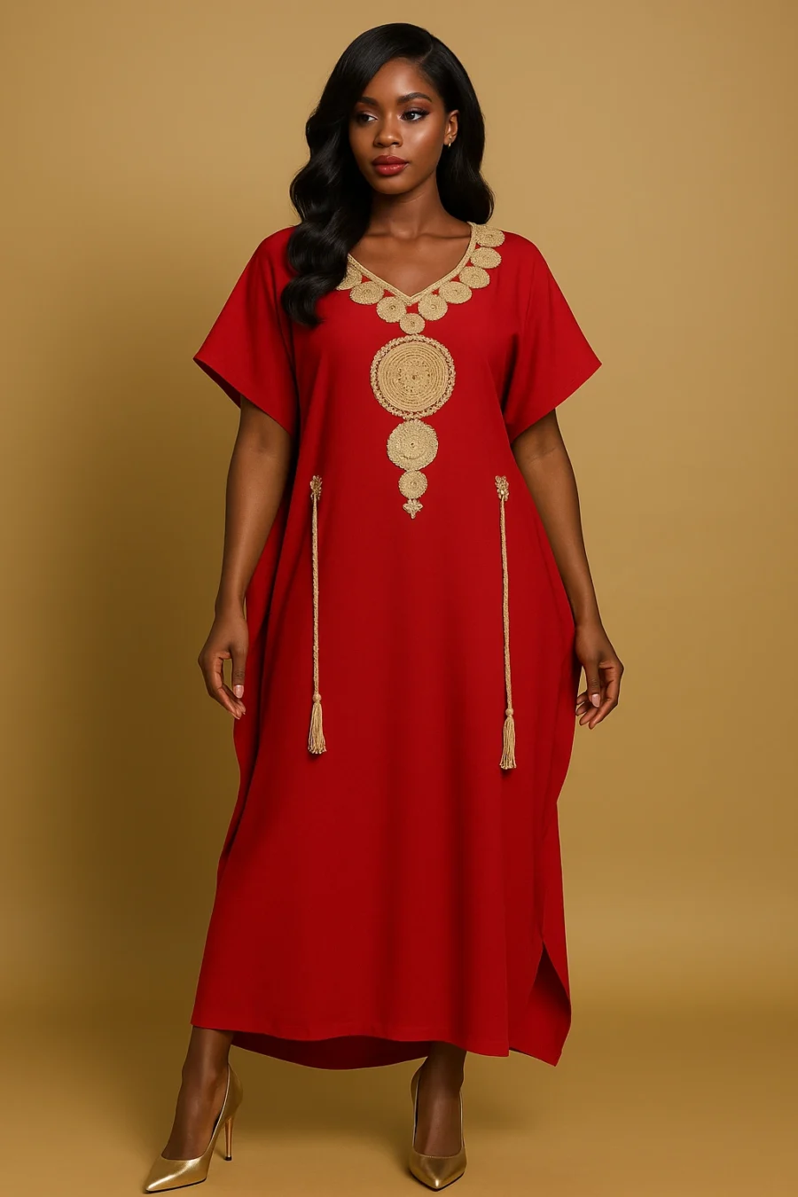 Caftan rouge chic broderie dorée – robe marocaine fluide pour femme africaine élégante