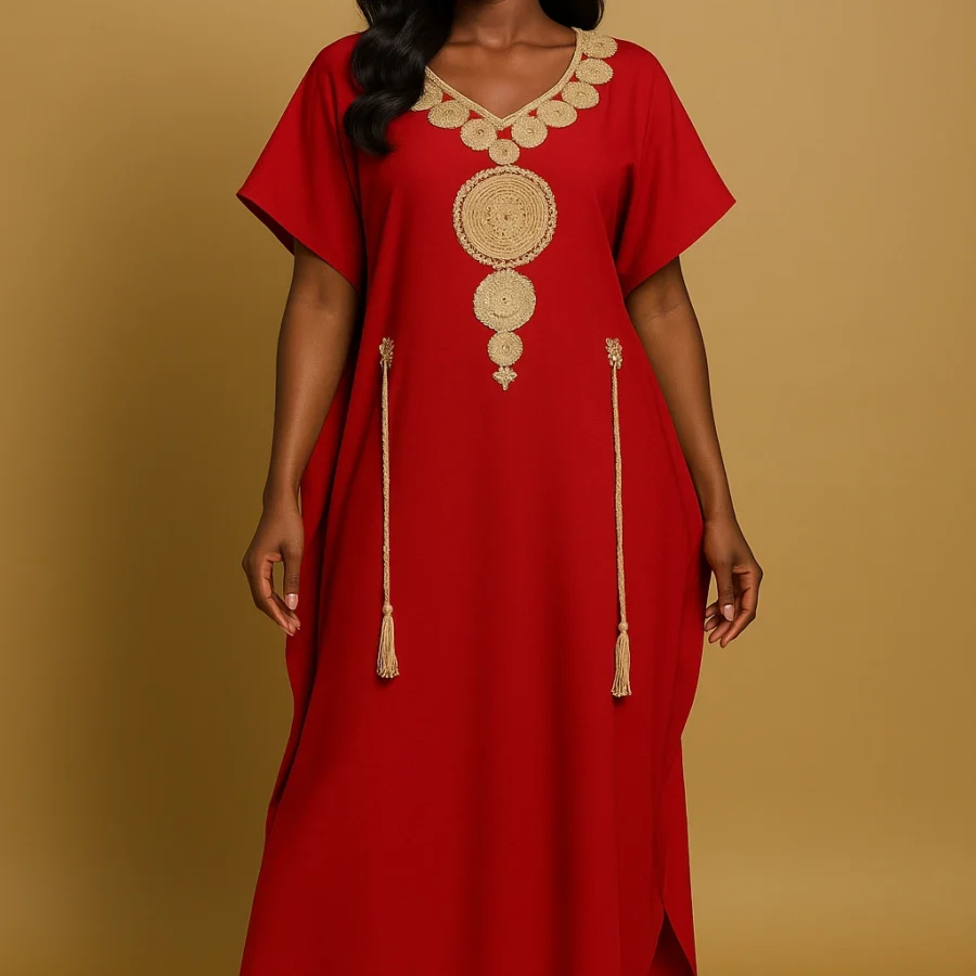Caftan rouge chic broderie dorée – robe marocaine fluide pour femme africaine élégante