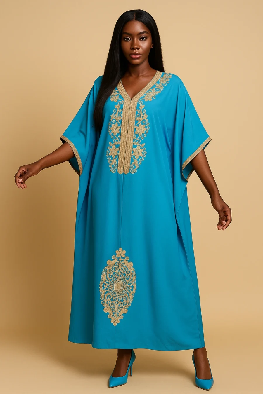 Caftan bleu ciel style papillon pour femme africaine – broderie dorée artisanale, coupe fluide et élégante pour occasions spéciales