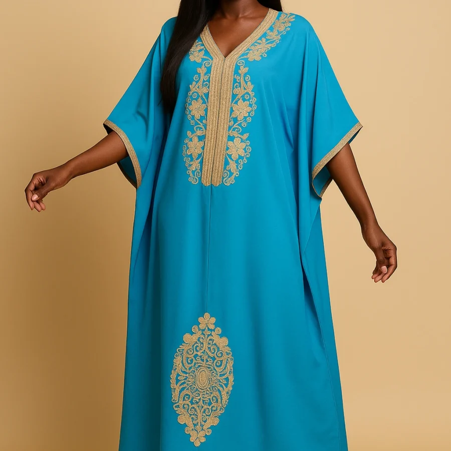 Caftan bleu ciel style papillon pour femme africaine – broderie dorée artisanale, coupe fluide et élégante pour occasions spéciales
