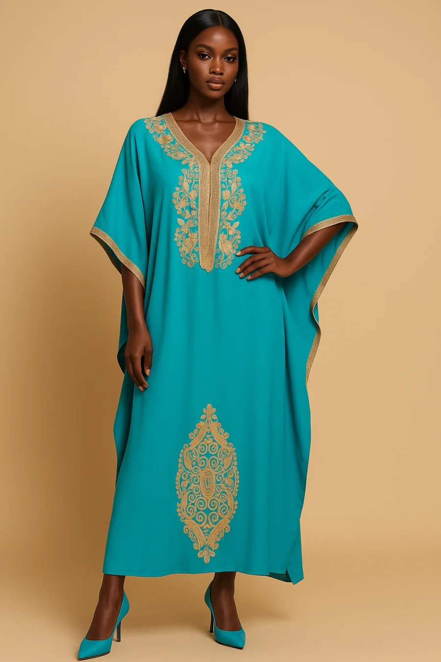 Caftan turquoise marocain moderne pour femme africaine – broderie dorée fait main, caftan ample à manches papillon, idéal pour fêtes et mariages