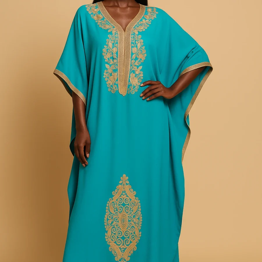 Caftan turquoise marocain moderne pour femme africaine – broderie dorée fait main, caftan ample à manches papillon, idéal pour fêtes et mariages
