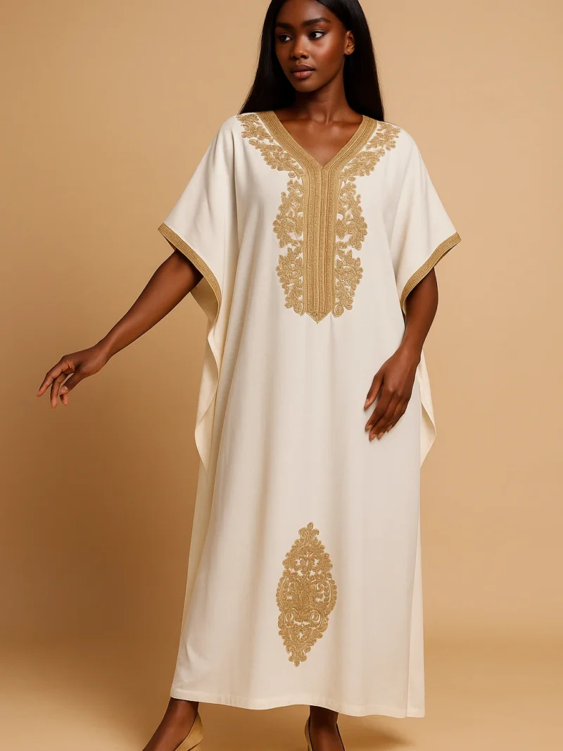Caftan blanc papillon raffiné pour femme africaine – broderie dorée chic, robe marocaine traditionnelle revisitée pour événements élégants