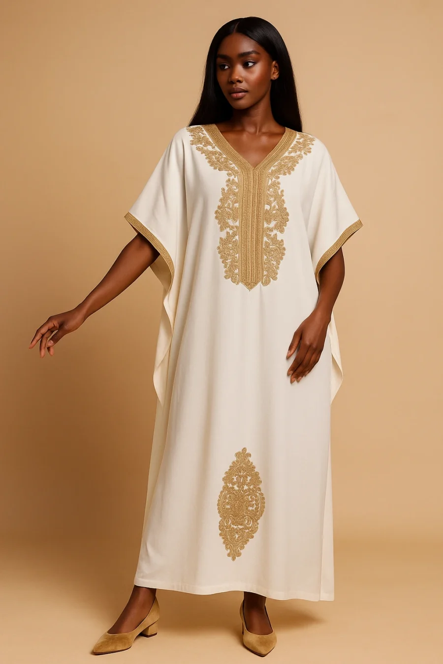 Caftan blanc papillon raffiné pour femme africaine – broderie dorée chic, robe marocaine traditionnelle revisitée pour événements élégants