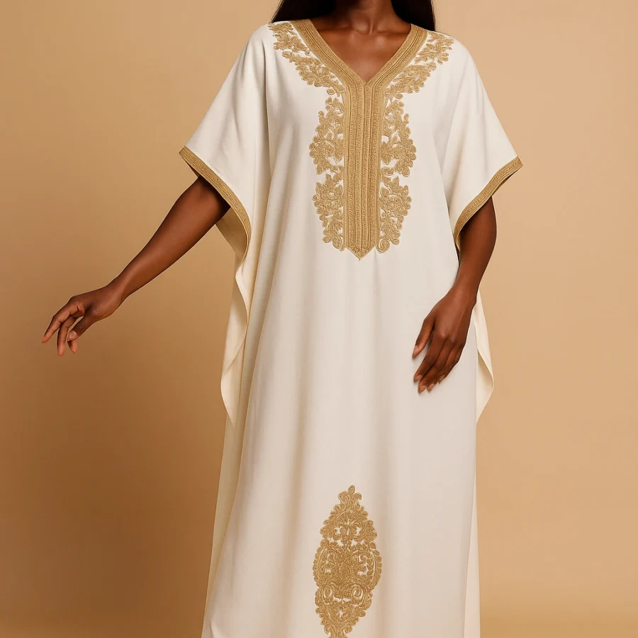 Caftan blanc papillon raffiné pour femme africaine – broderie dorée chic, robe marocaine traditionnelle revisitée pour événements élégants