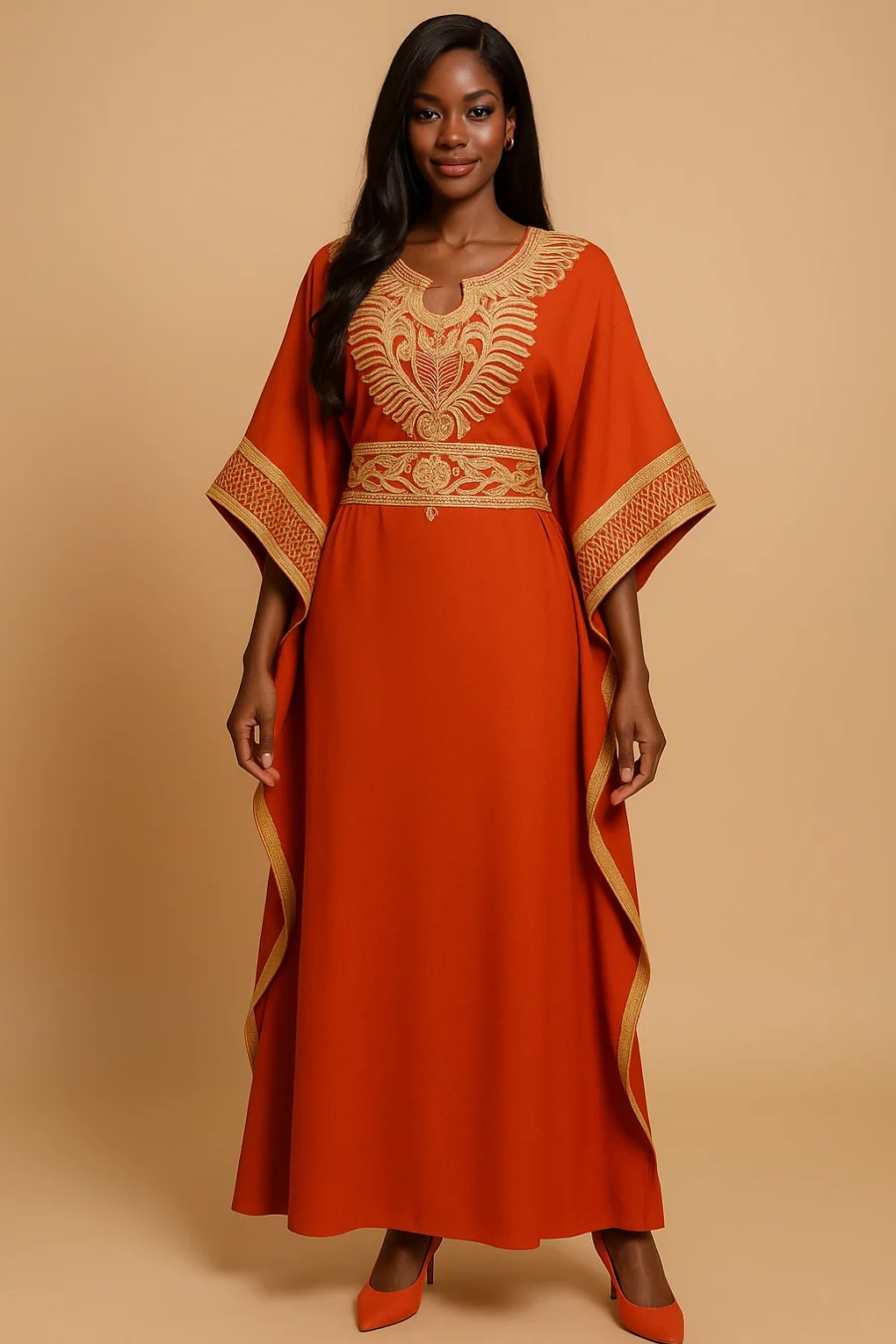 Caftan marocain orange avec broderie dorée chic, manches amples, coupe élégante, tenue parfaite pour mariages et réceptions.