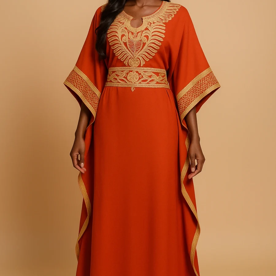 Caftan marocain orange avec broderie dorée chic, manches amples, coupe élégante, tenue parfaite pour mariages et réceptions.