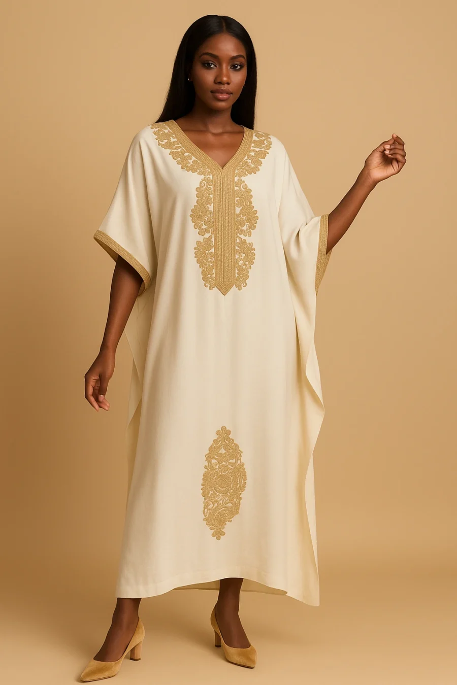 Caftan blanc papillon raffiné pour femme africaine – broderie dorée chic, robe marocaine traditionnelle revisitée pour événements élégants