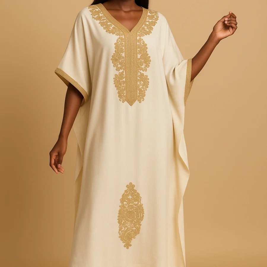 Caftan blanc papillon raffiné pour femme africaine – broderie dorée chic, robe marocaine traditionnelle revisitée pour événements élégants