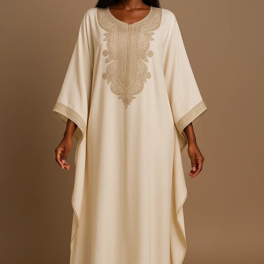 Caftan blanc cassé brodé doré – tenue traditionnelle luxueuse pour femme noire, design marocain raffiné.