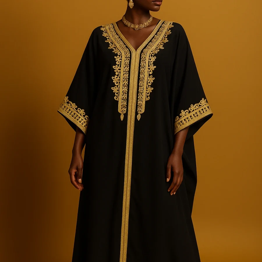 Caftan royal noir et doré porté par une femme ivoirienne élégante – coupe ample papillon, broderie artisanale dorée et tissu noir structuré en studio doré.