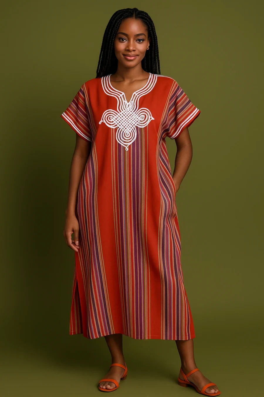 Caftan d’été orange en tissu léger avec broderie florale marocaine – mode africaine haut de gamme