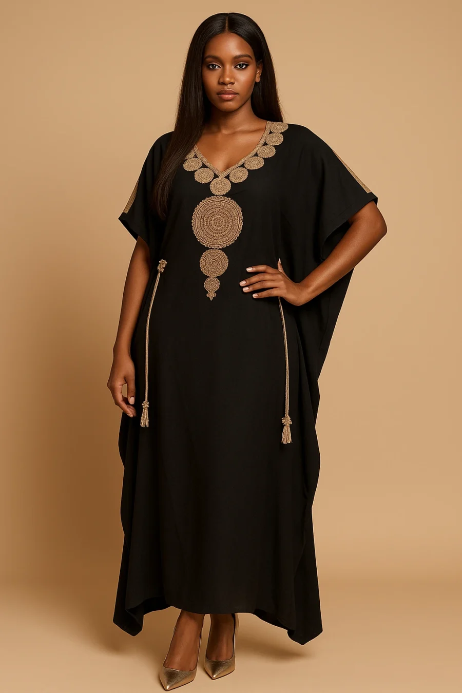 Caftan noir brodé or pour femme africaine élégante – modèle ample et fluide à manches papillon