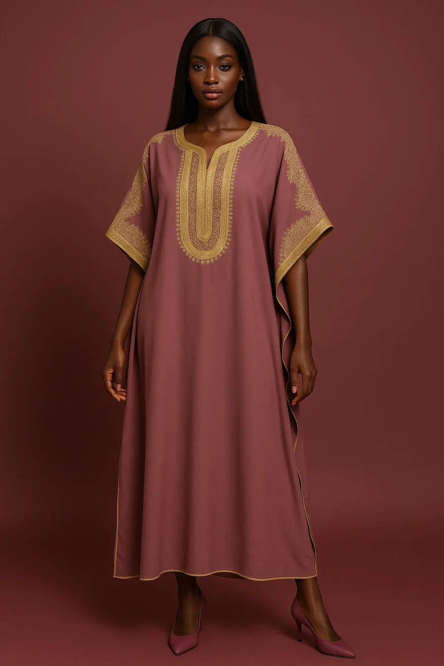 Caftan marocain mauve taupe avec broderie dorée délicate, coupe ample et finitions élégantes sur les manches et l’encolure.