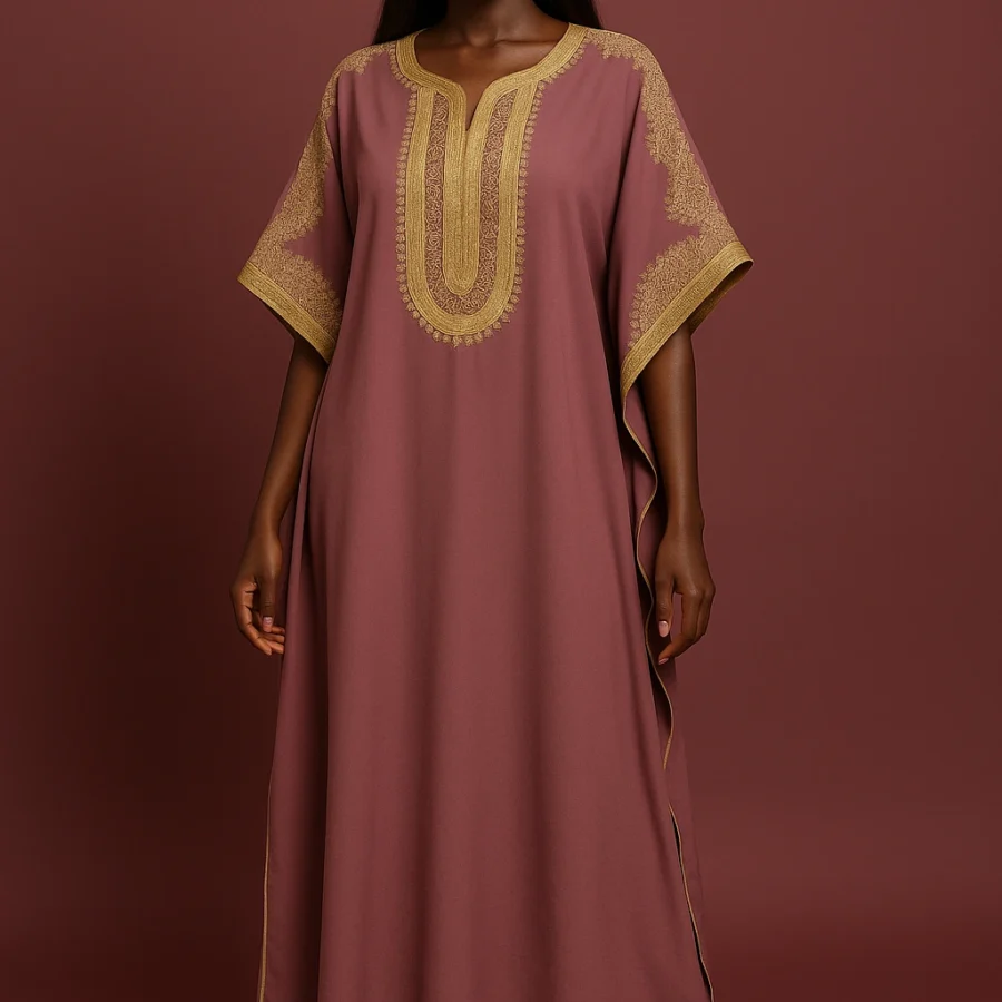 Caftan marocain mauve taupe avec broderie dorée délicate, coupe ample et finitions élégantes sur les manches et l’encolure.