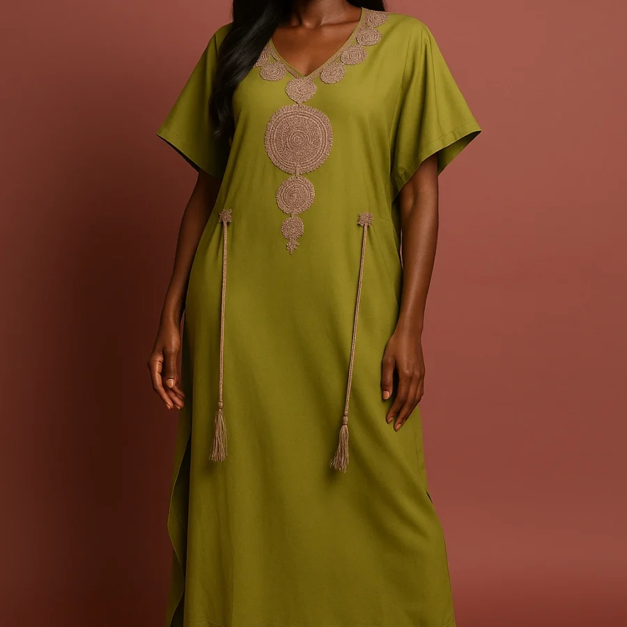 Caftan vert olive brodé à la main pour femme africaine – look raffiné et moderne à manches larges
