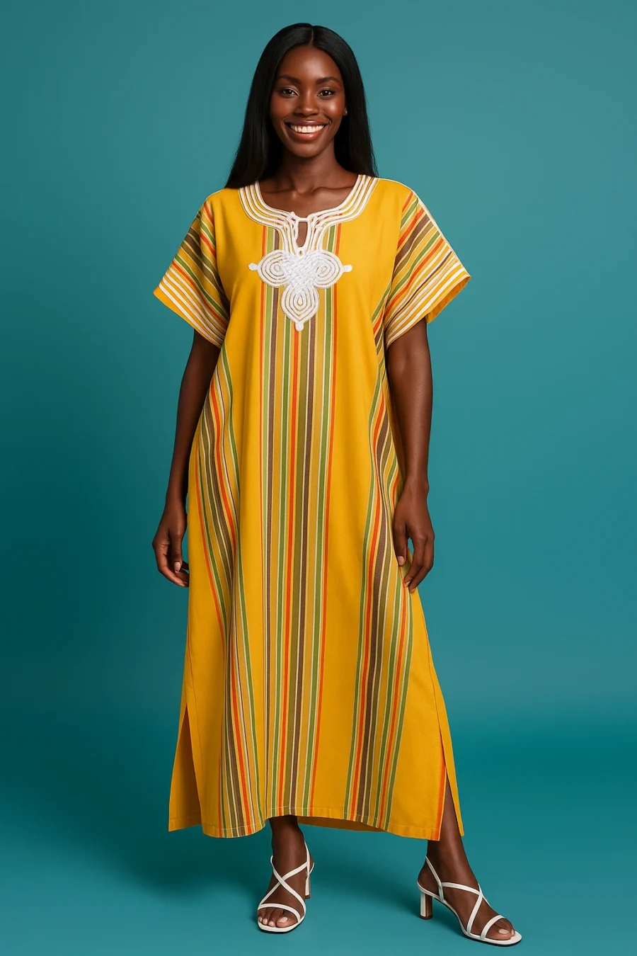 Tenue africaine de luxe : caftan marocain jaune avec broderie artisanale dorée – robe fluide parfaite pour femme africaine moderne