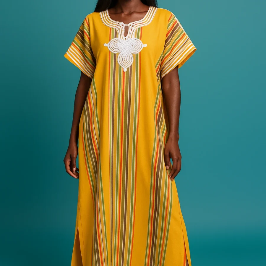 Tenue africaine de luxe : caftan marocain jaune avec broderie artisanale dorée – robe fluide parfaite pour femme africaine moderne