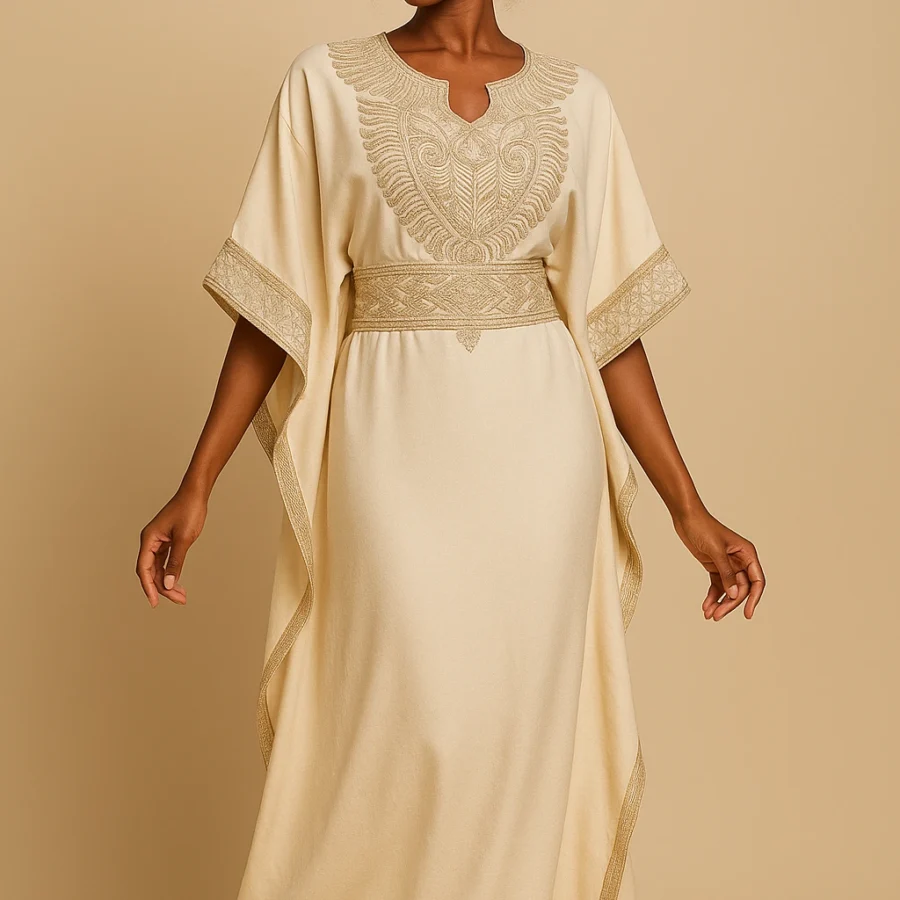 Caftan marocain blanc monochrome, broderie blanche subtile, coupe ample avec ceinture intérieure - Le Caftanier