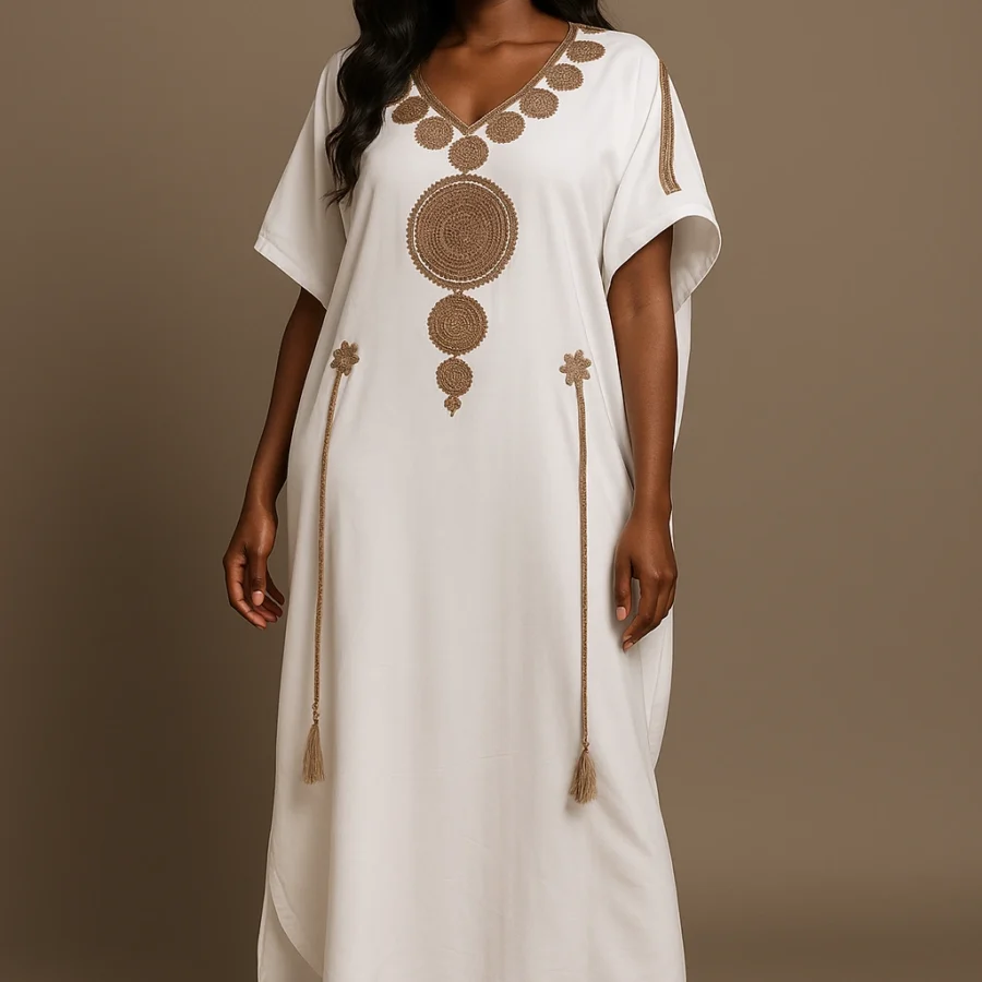 Caftan blanc pur brodé marron – modèle traditionnel marocain réinventé pour femme africaine moderne
