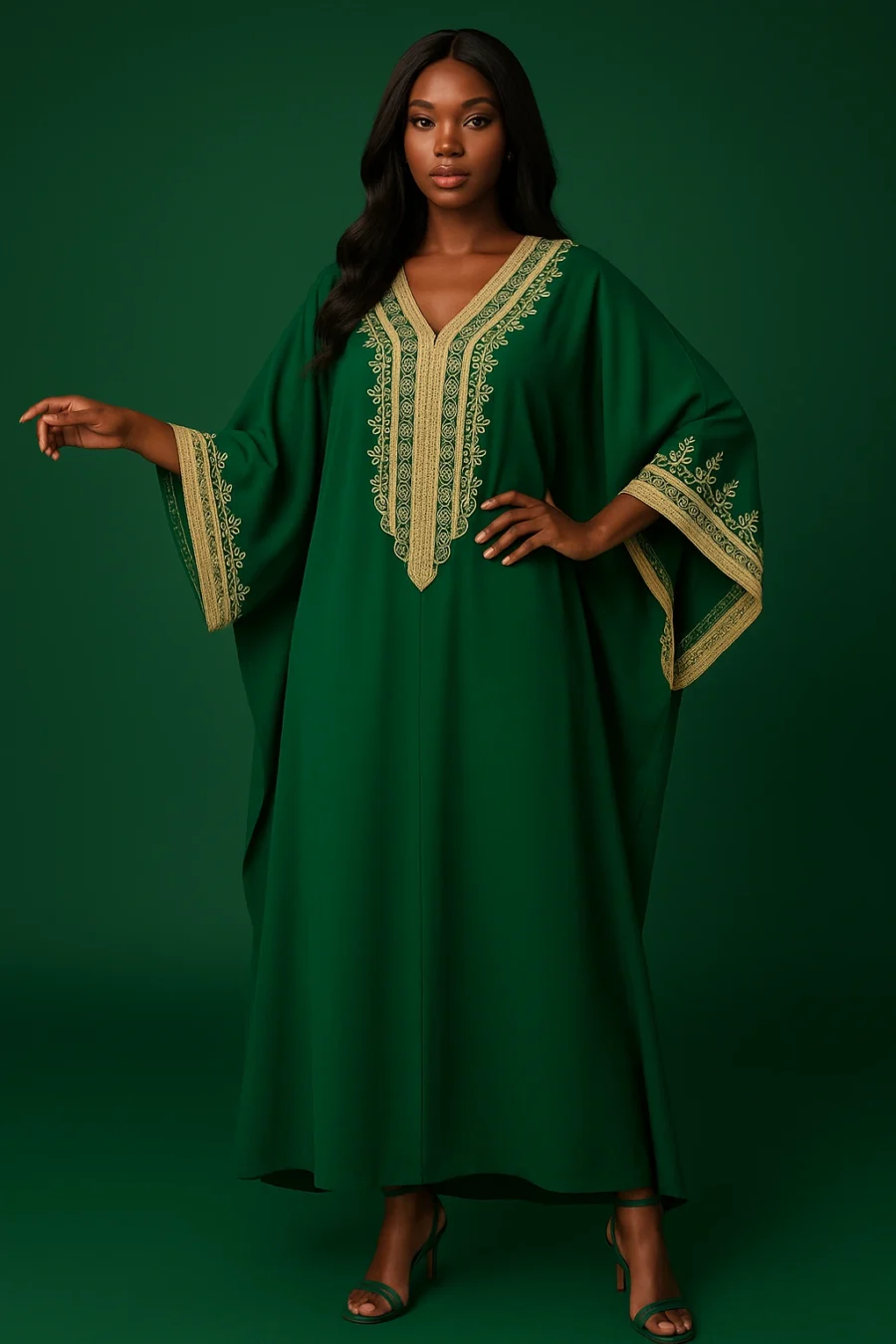 Femme ivoirienne élégante portant un caftan marocain vert émeraude avec broderie dorée artisanale, coupe ample et manches papillon - Le Caftanier