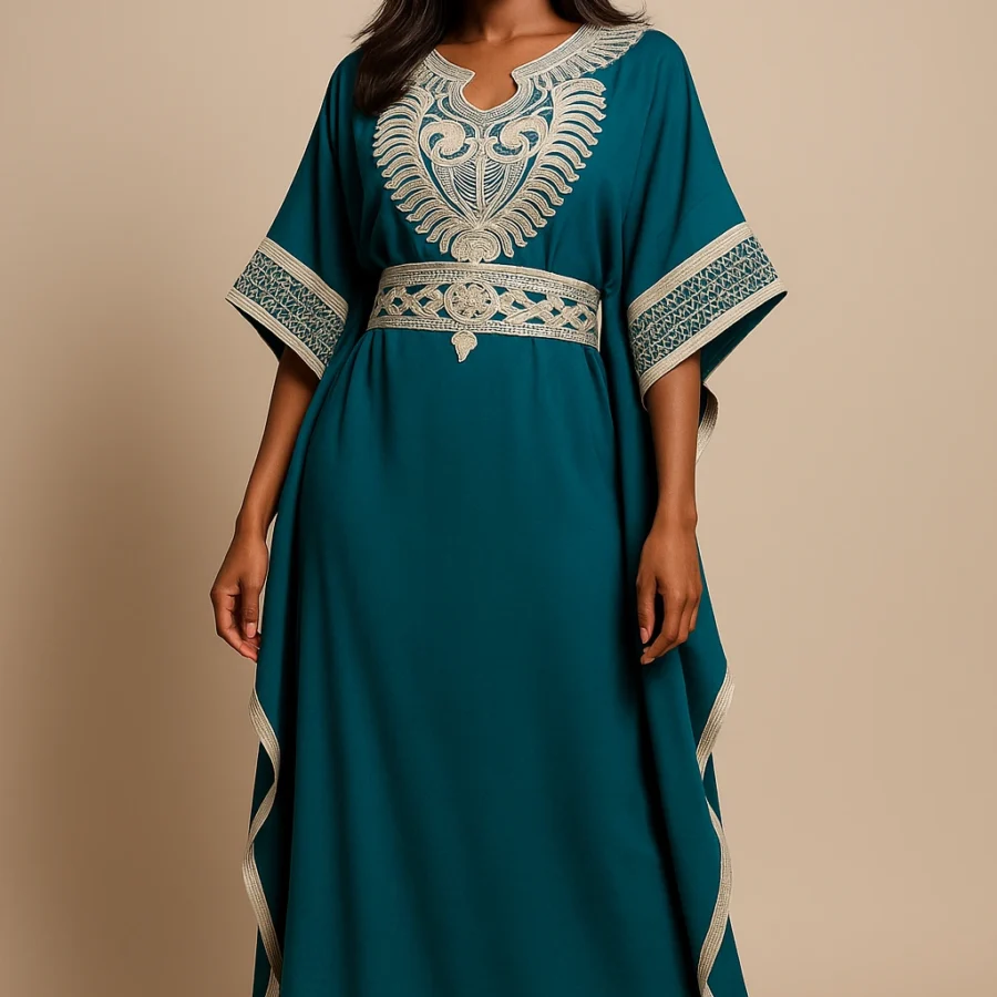 Caftan marocain bleu canard brodé avec finesse, coupe fluide et manches amples - Le Caftanier