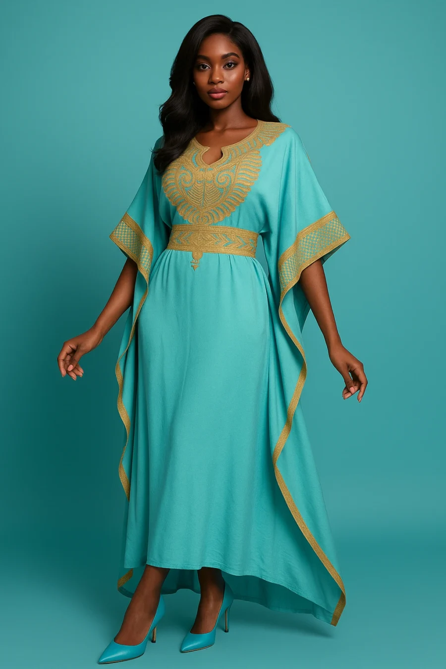 Caftan marocain turquoise lumineux à broderie raffinée, coupe ample, manches élégantes - Le Caftanier