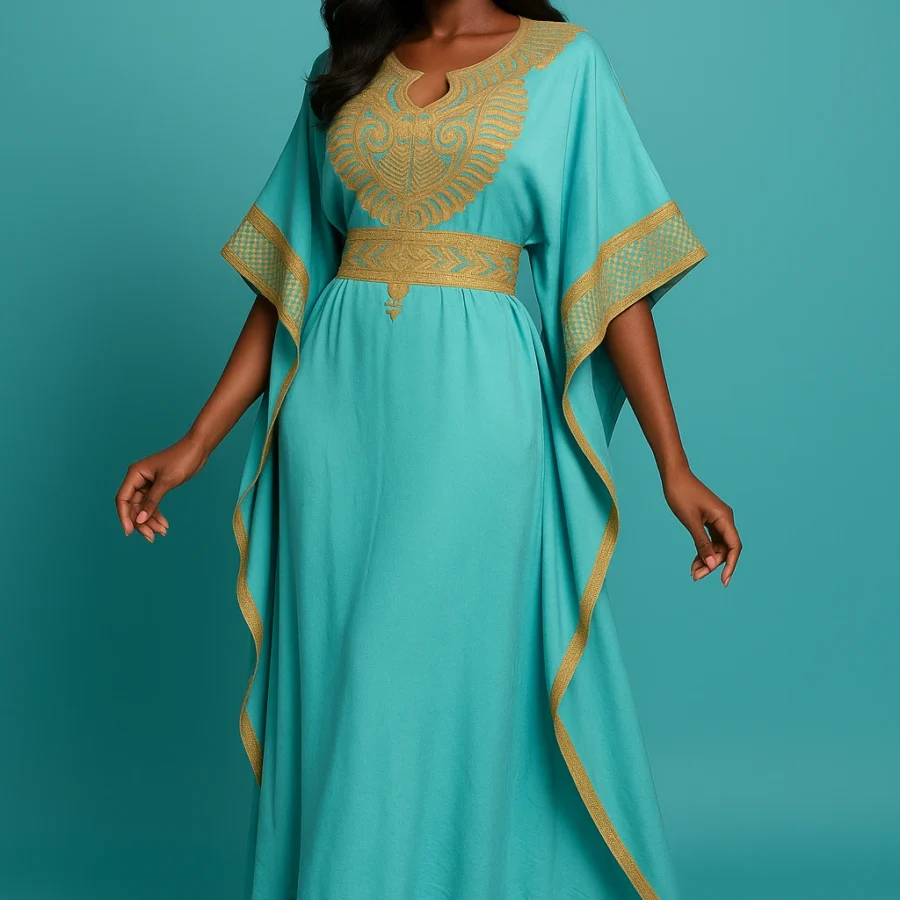 Caftan marocain turquoise lumineux à broderie raffinée, coupe ample, manches élégantes - Le Caftanier