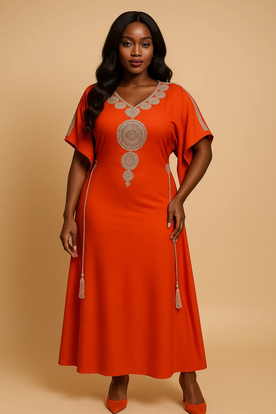 Caftan orange éclatant brodé à la main – style marocain revisité pour femme africaine rayonnante