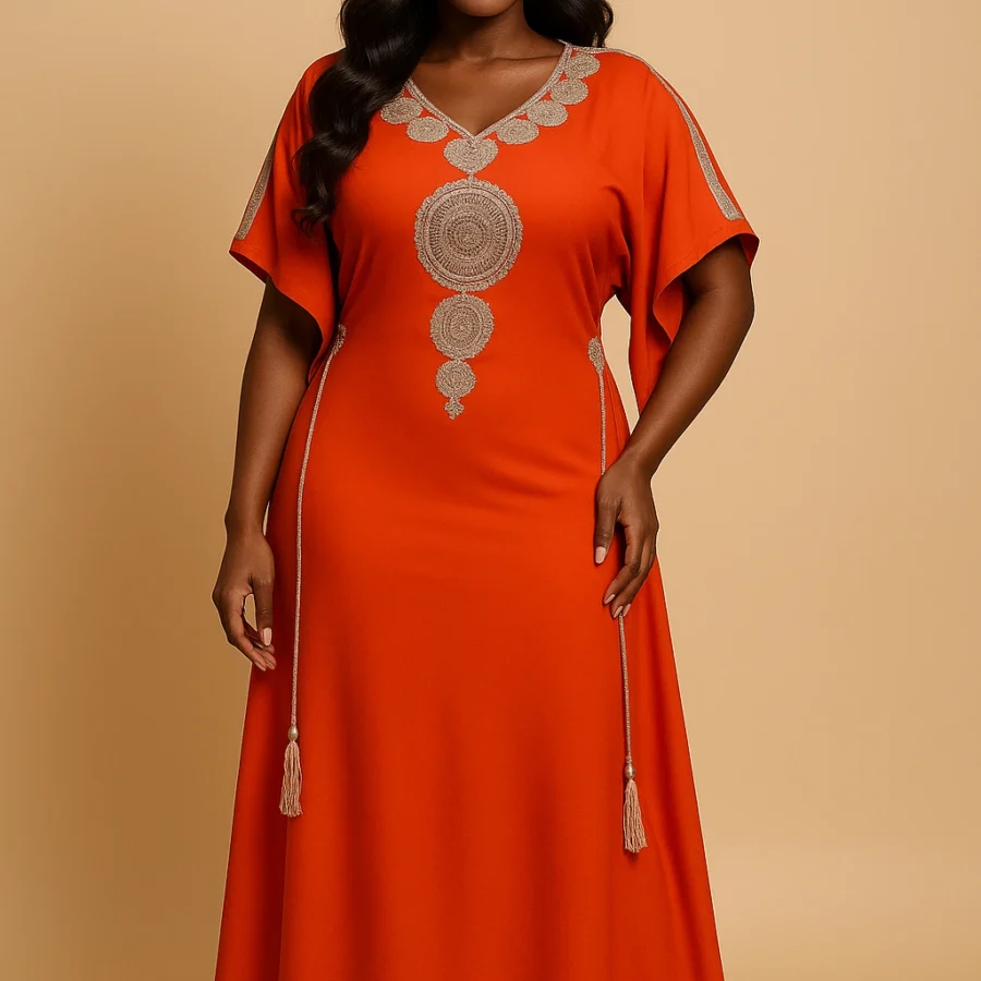 Caftan orange éclatant brodé à la main – style marocain revisité pour femme africaine rayonnante