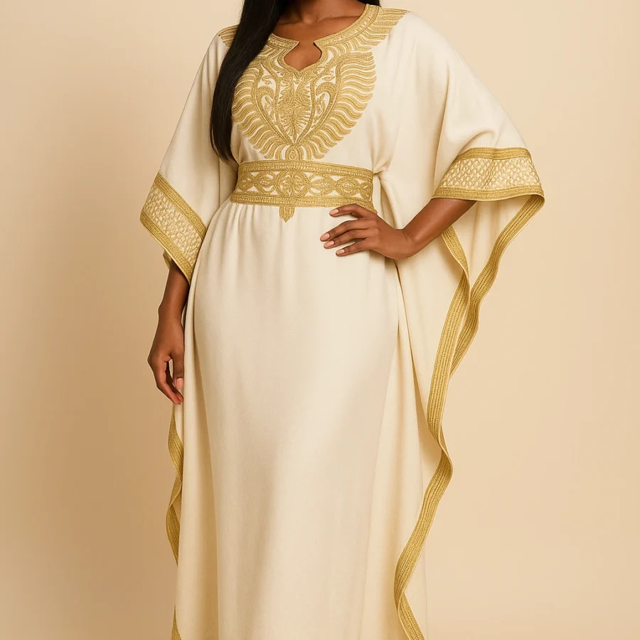 Caftan marocain blanc avec broderie dorée délicate - Le Caftanier