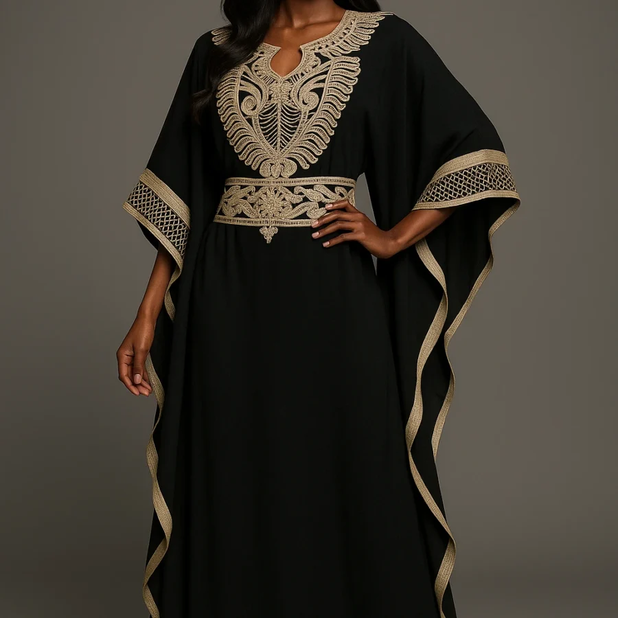 Caftan marocain noir orné d'une élégante broderie blanche, manches amples et ceinture intérieure - Le Caftanier
