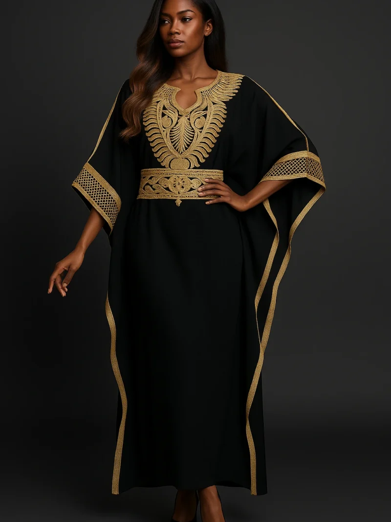 Caftan marocain noir avec broderie dorée luxueuse, manches amples et ceinture intérieure - Le Caftanier