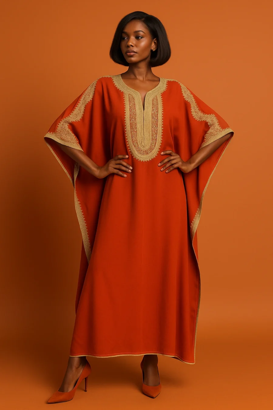 Caftan marocain orange éclatant avec broderie dorée sur l’encolure et les manches - Le Caftanier