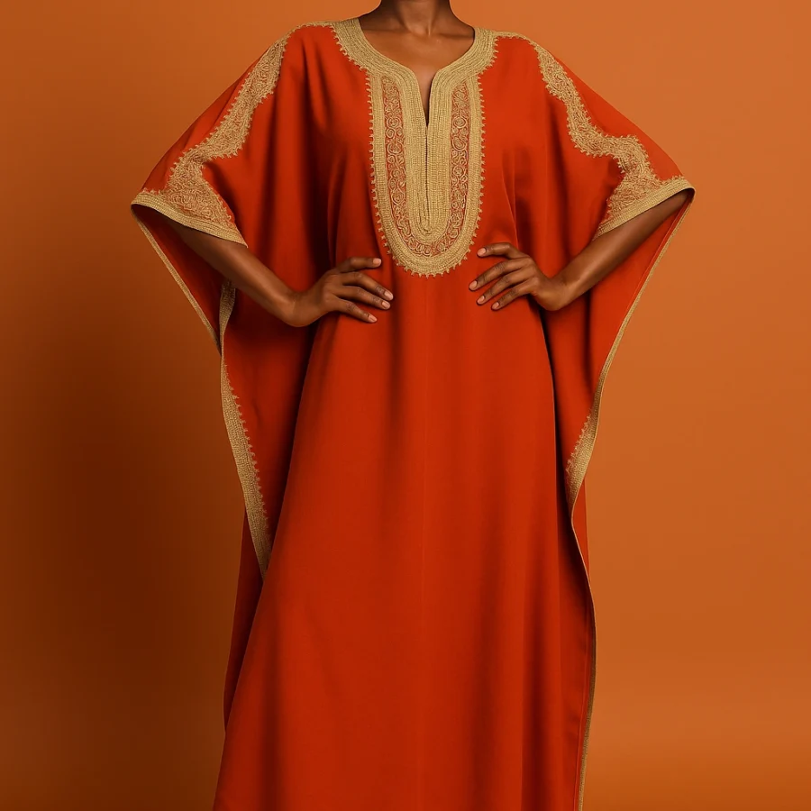 Caftan marocain orange éclatant avec broderie dorée sur l’encolure et les manches - Le Caftanier