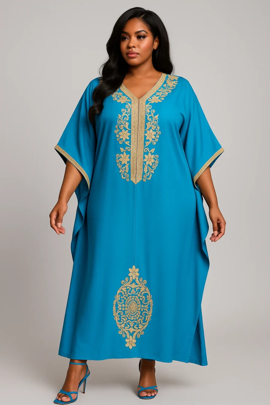 Caftan bleu ciel style papillon pour femme africaine – broderie dorée artisanale, coupe fluide et élégante pour occasions spéciales
