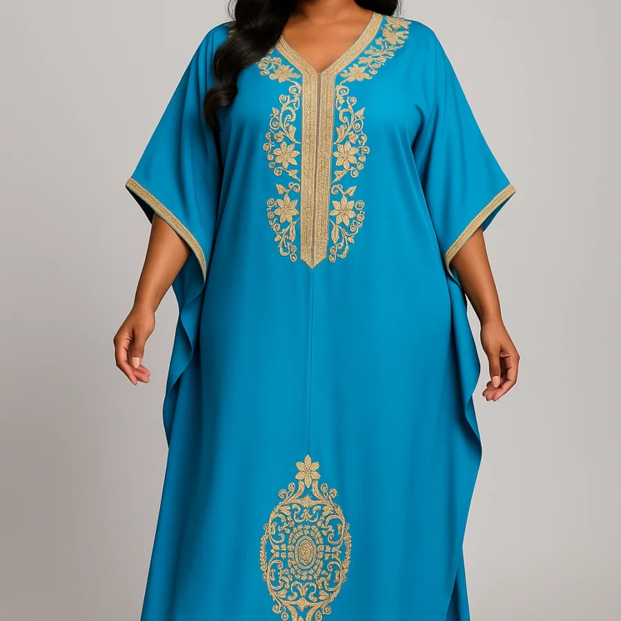 Caftan bleu ciel style papillon pour femme africaine – broderie dorée artisanale, coupe fluide et élégante pour occasions spéciales