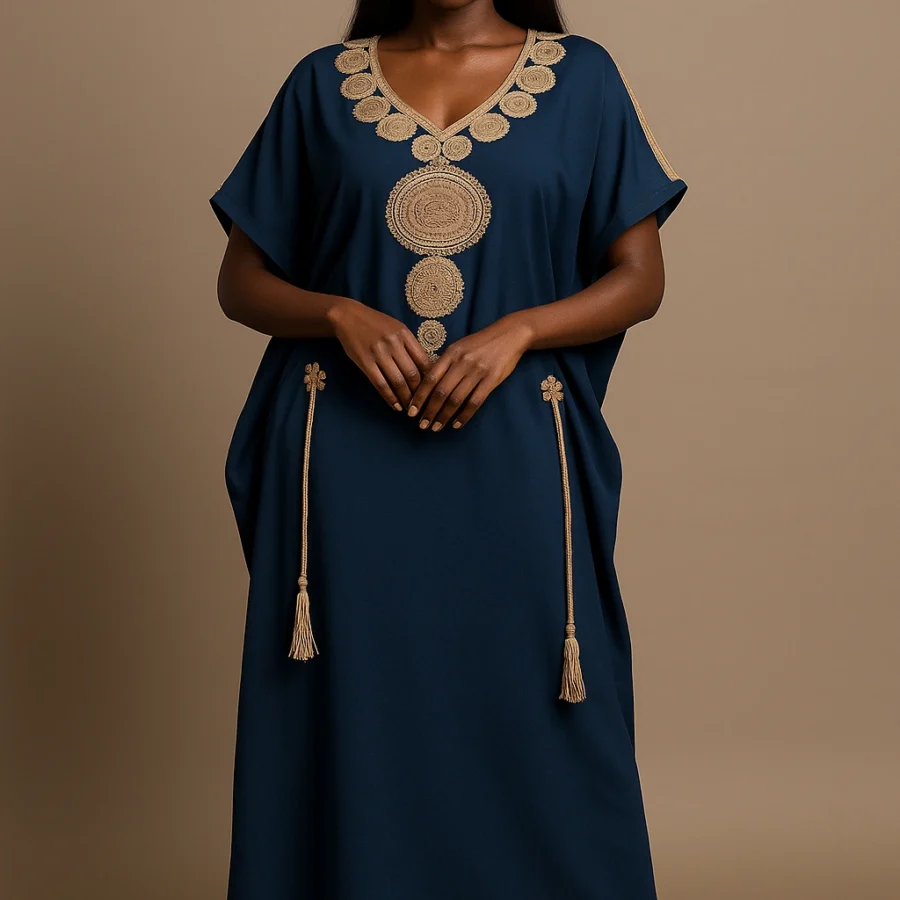 Caftan bleu marine brodé or style marocain moderne pour femme africaine – coupe royale et confortable