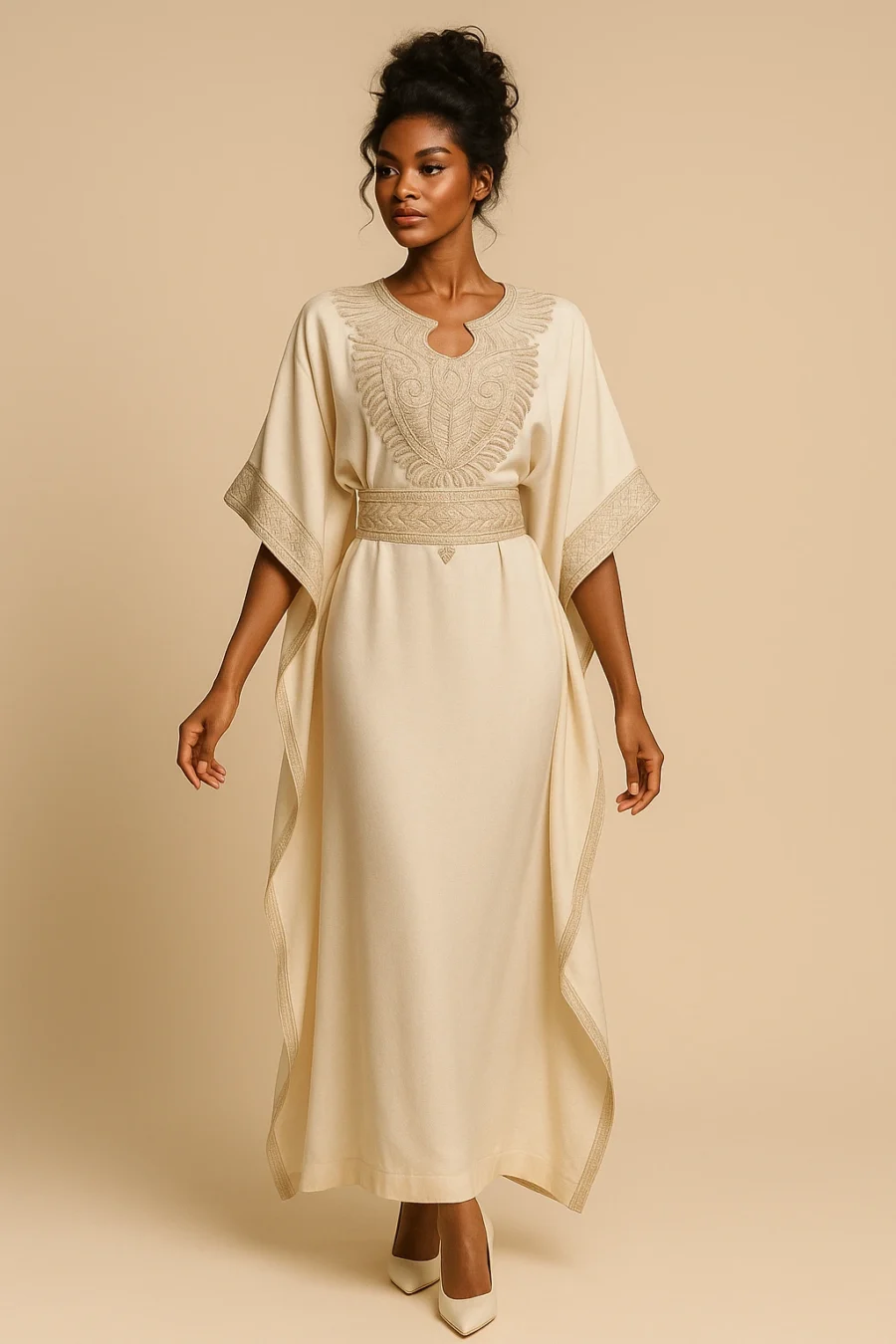 Caftan marocain blanc monochrome, broderie blanche subtile, coupe ample avec ceinture intérieure - Le Caftanier